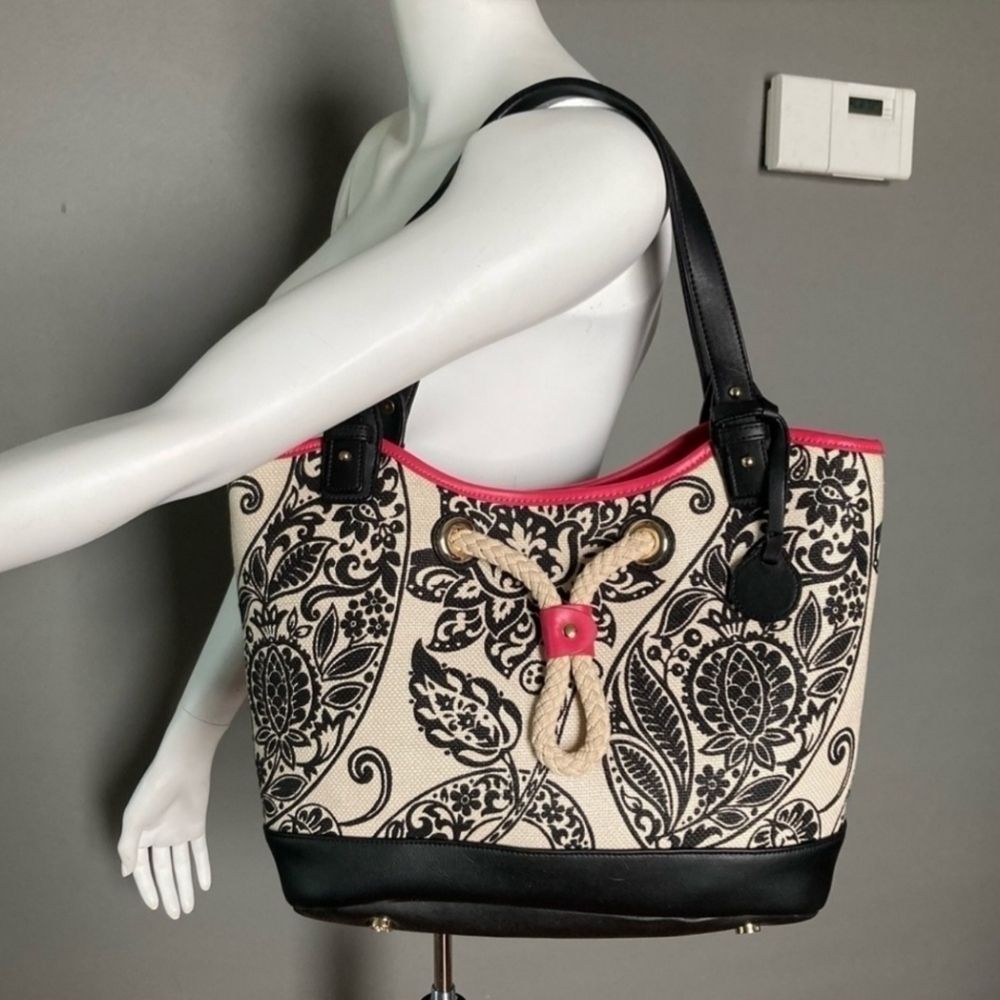 Spartina Tote Linen Canvas Double Leather Straps Paisley Print Rope Detail GUC